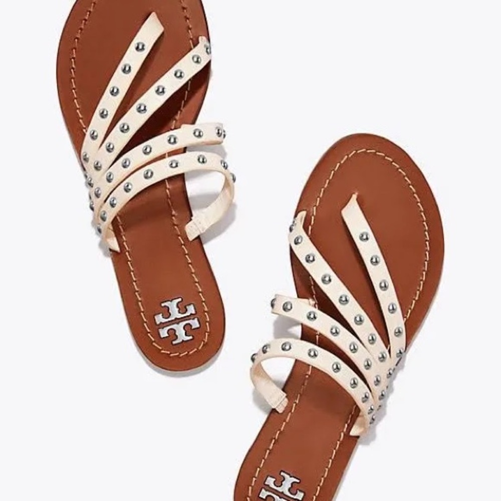 Tory Burch Patos Studded Sandals size 7.5, perfect ivory/cream